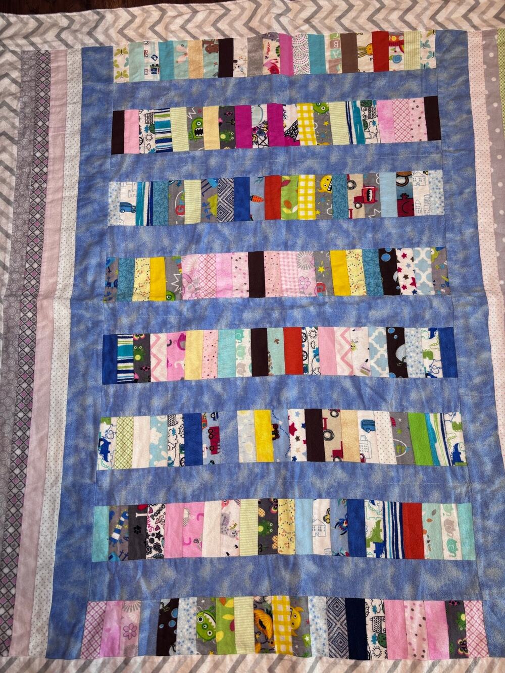 Handmade Patchwork Baby Quilt Blue Pink Gray Chevron Striped Crib Blanket 44x40